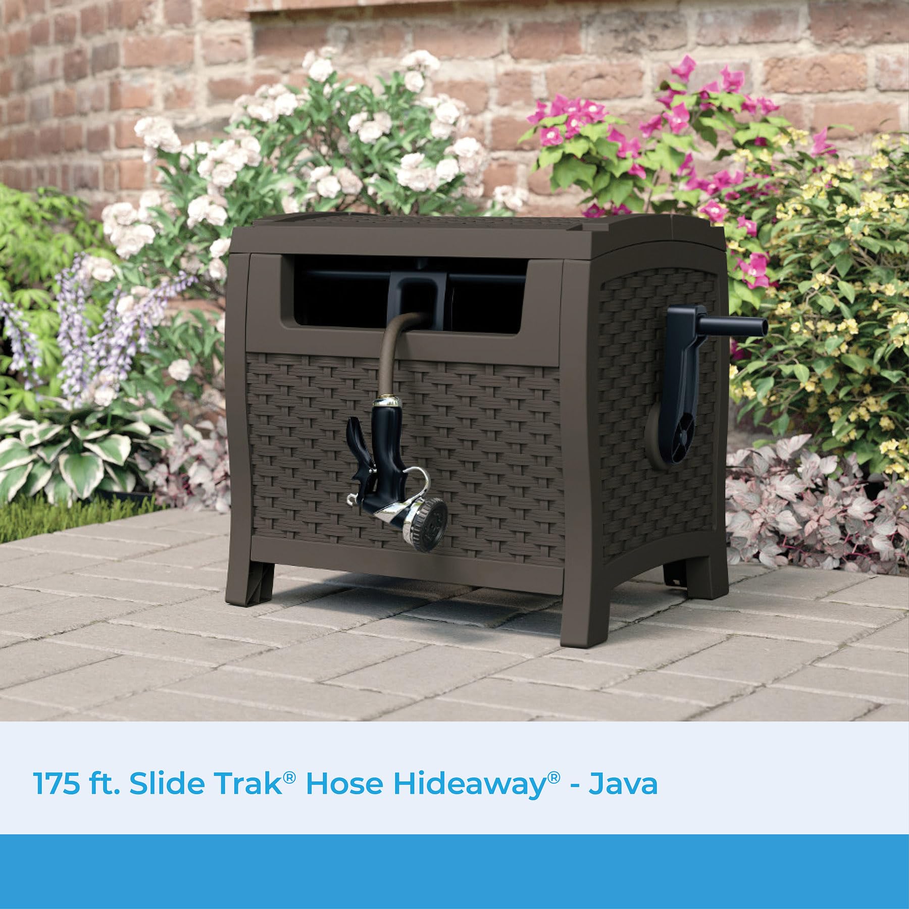 Suncast hose hideaway slide-trak guide shown for easy winding and kink-free use