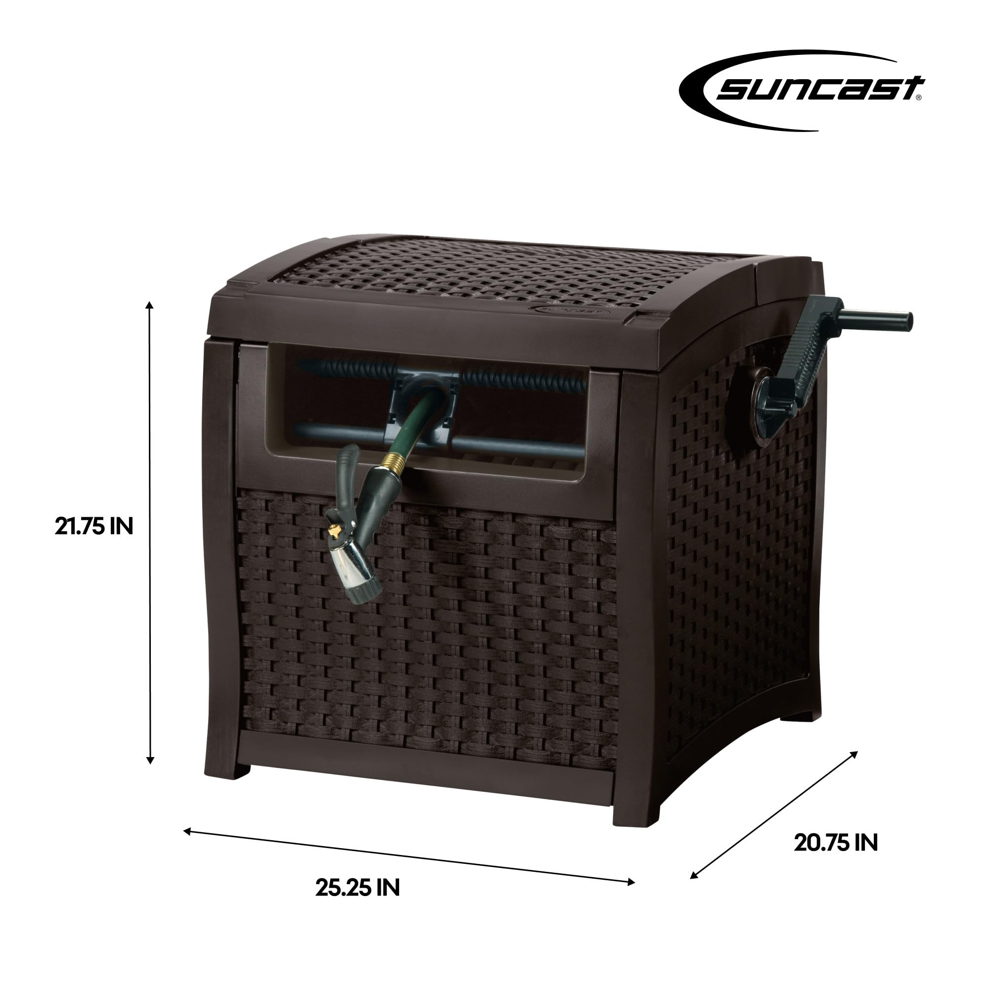 Suncast 225 ft capacity stores long hoses neatly.