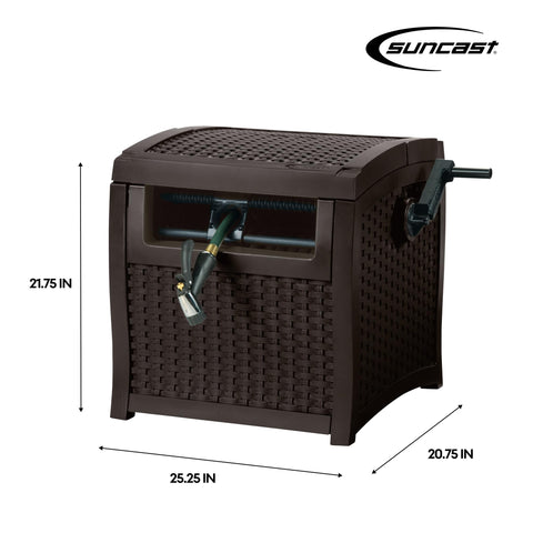 Suncast 225 ft capacity stores long hoses neatly.