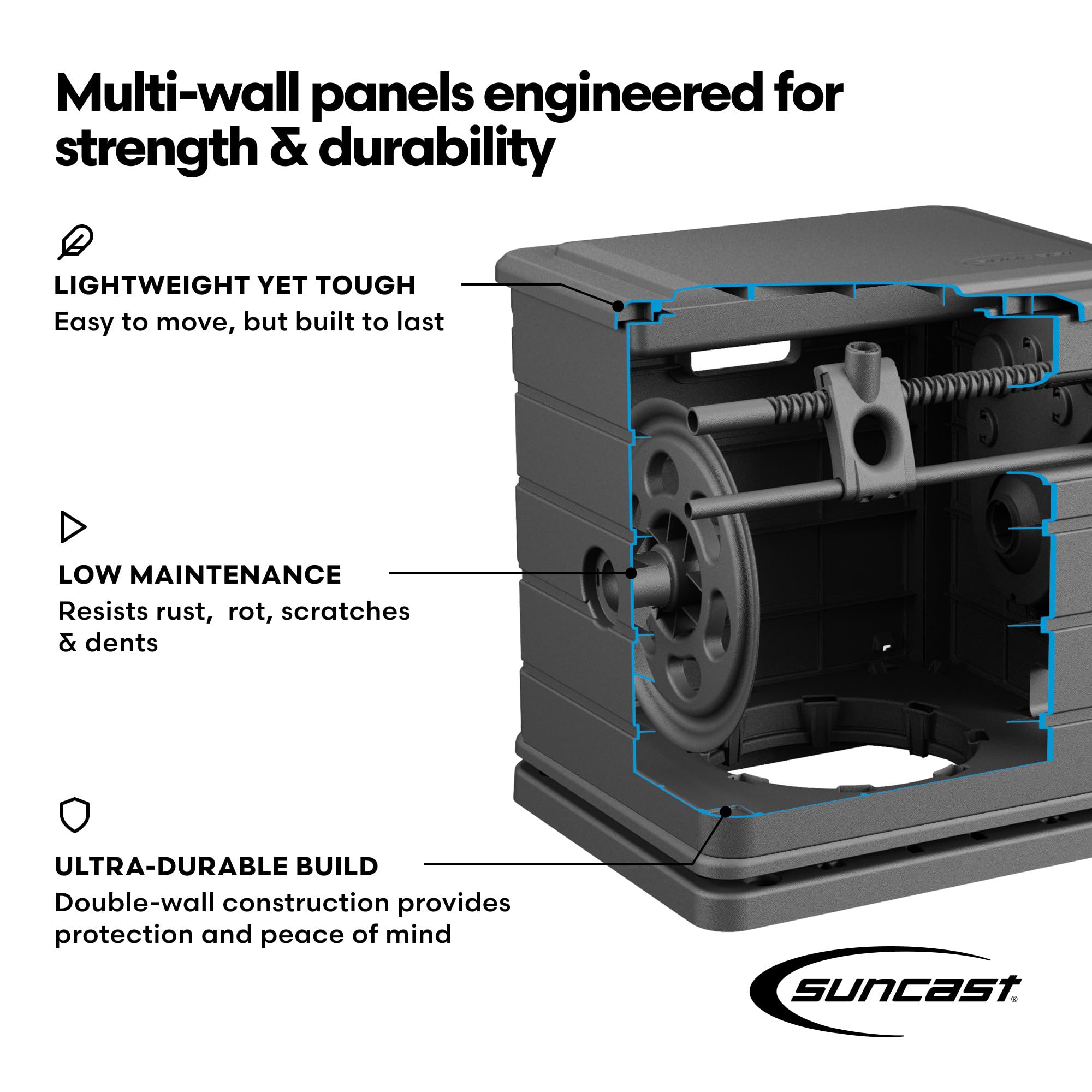 Suncast integrated crank handle enables effortless winding.