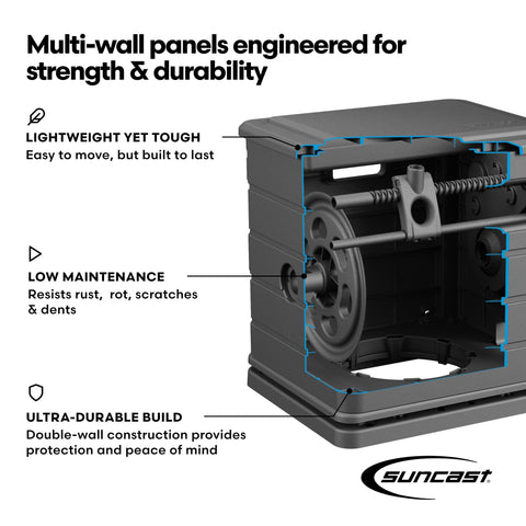 Suncast integrated crank handle enables effortless winding.