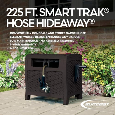 Suncast hose reel's mocha exterior complements outdoor decor.