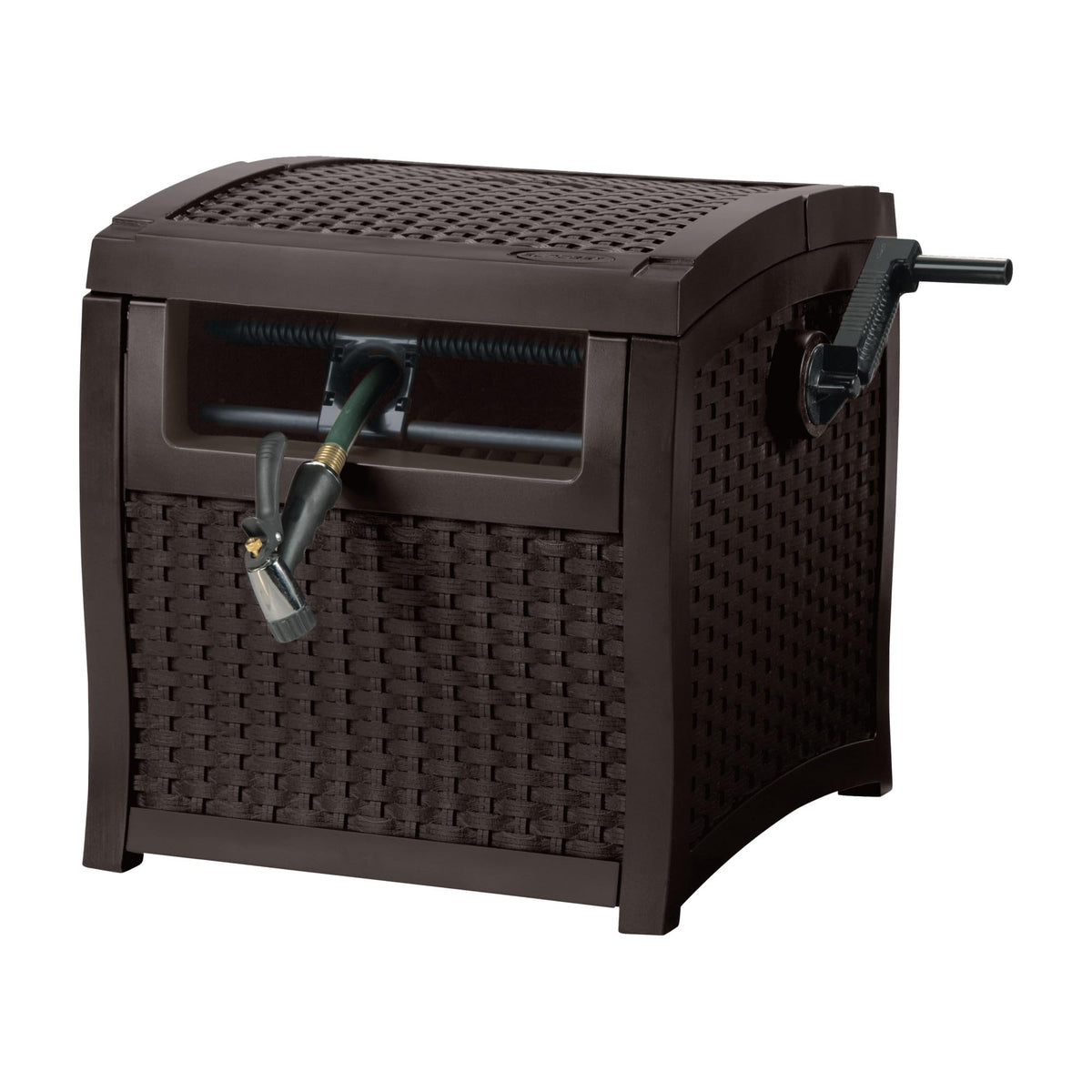 Suncast hose reel with Smart Trak guide keeps hoses neatly wound.