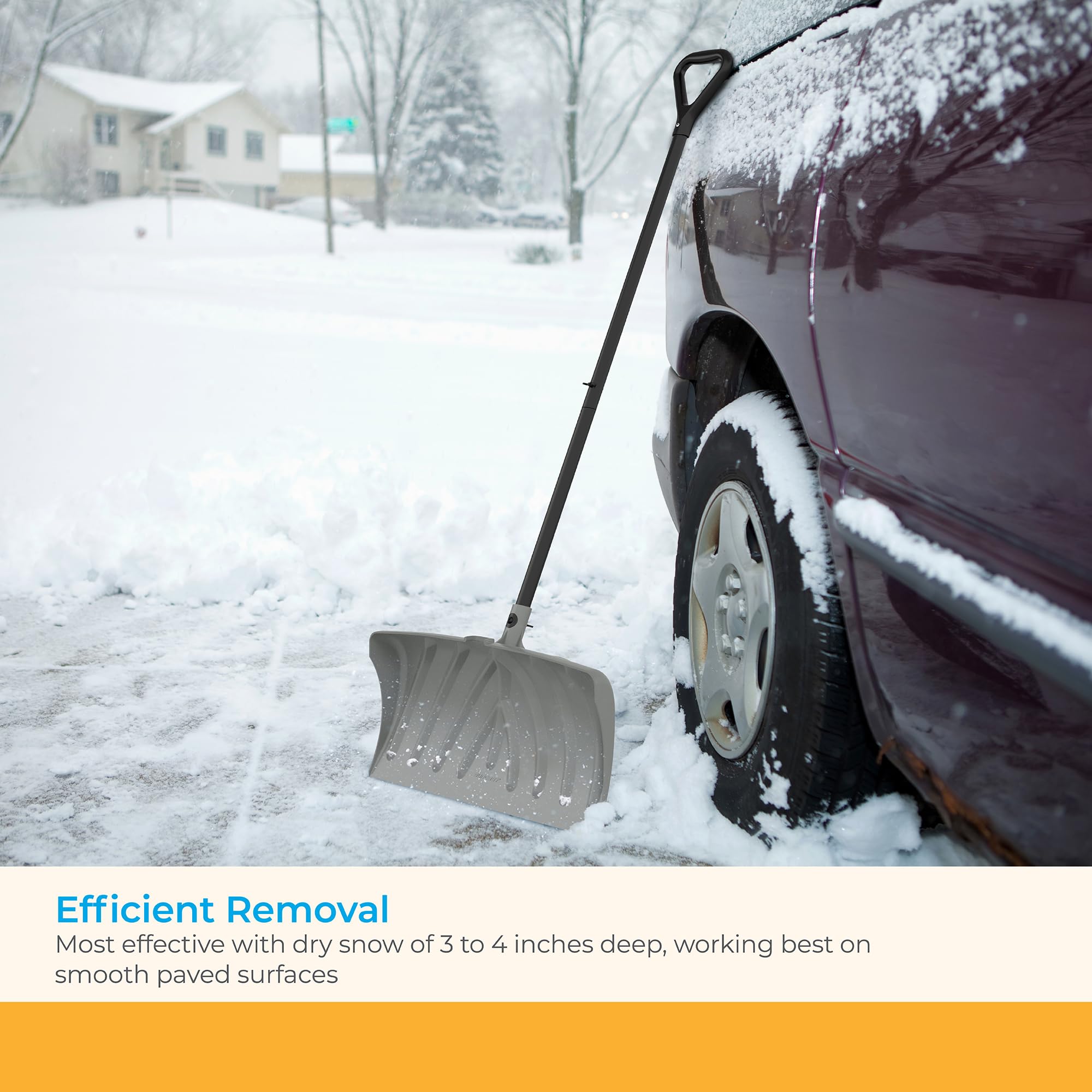 Suncast snow pusher's large surface area for quick coverage