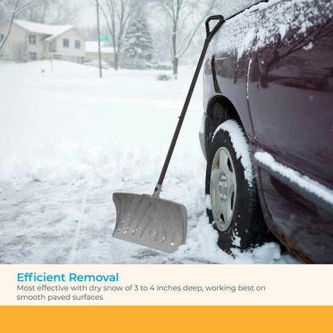 Suncast snow pusher's large surface area for quick coverage