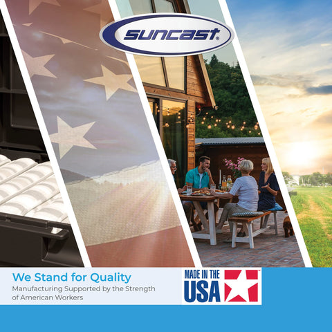 Suncast lid with interlocking panels for secure, easy setup.