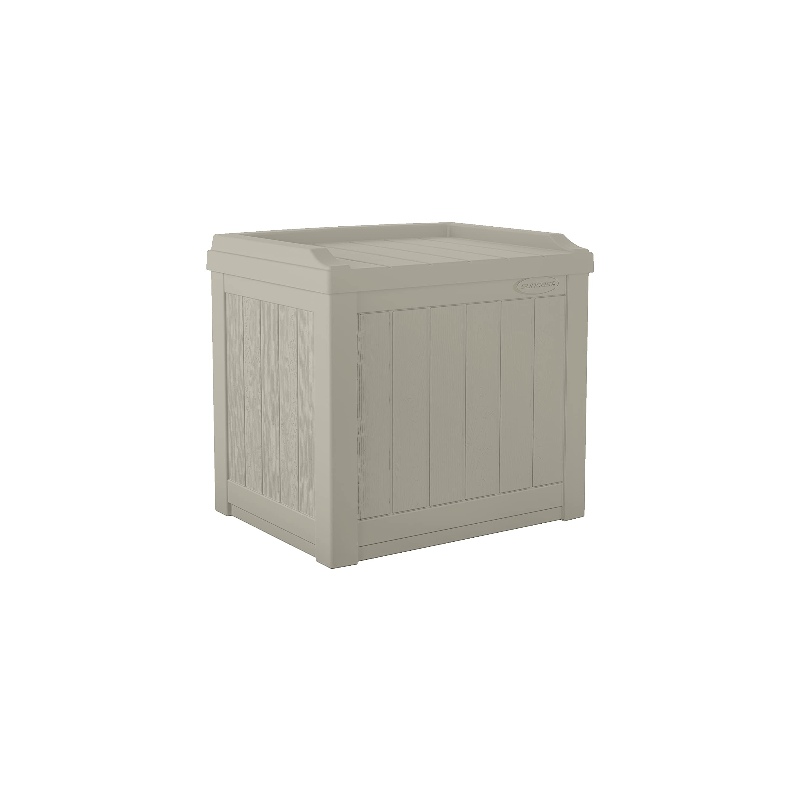 Suncast 22-gallon outdoor storage box with cushions stored inside.