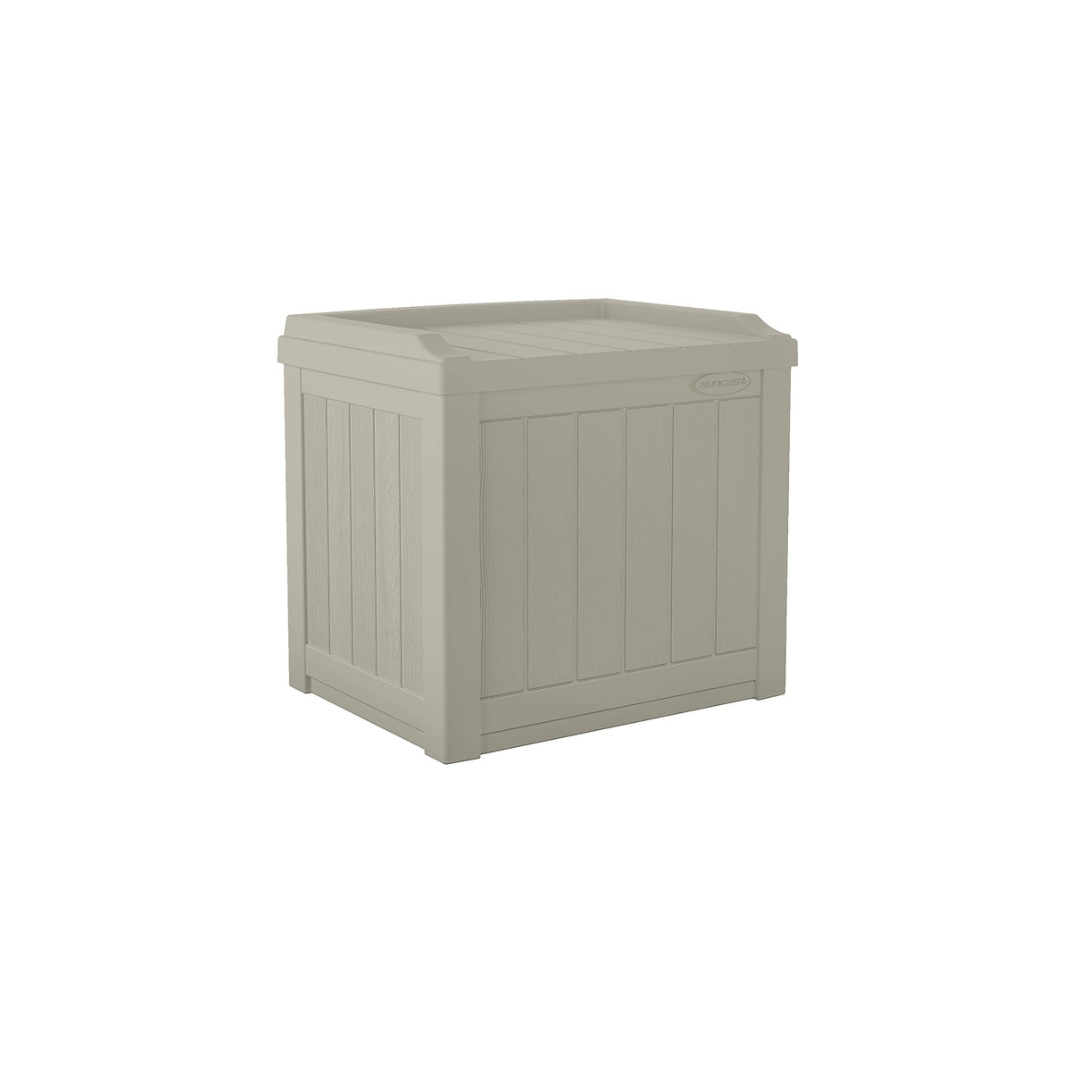 Suncast 22-gallon outdoor storage box with cushions stored inside.