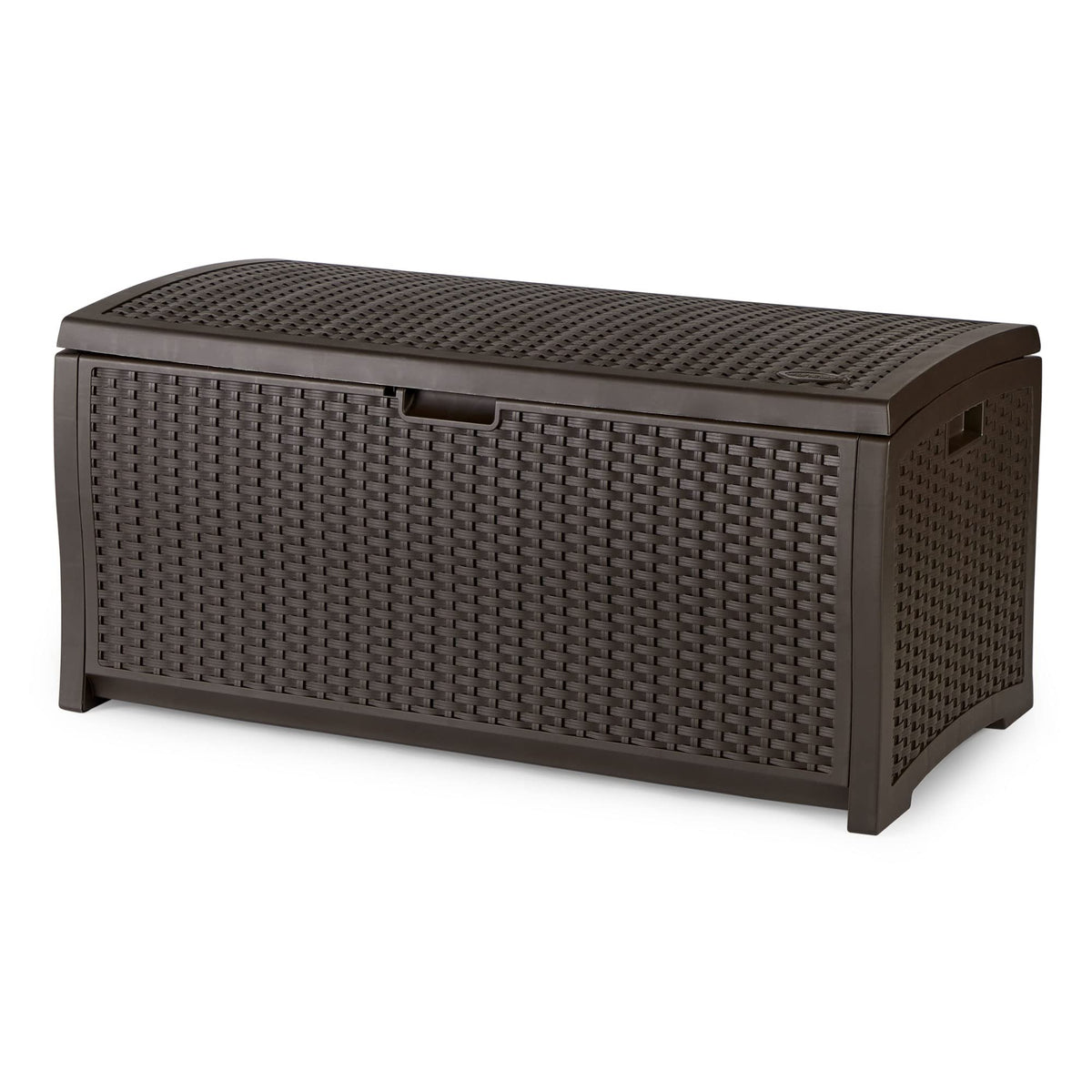 Suncast outdoor storage box with mocha brown wicker finish keeps cushions dry