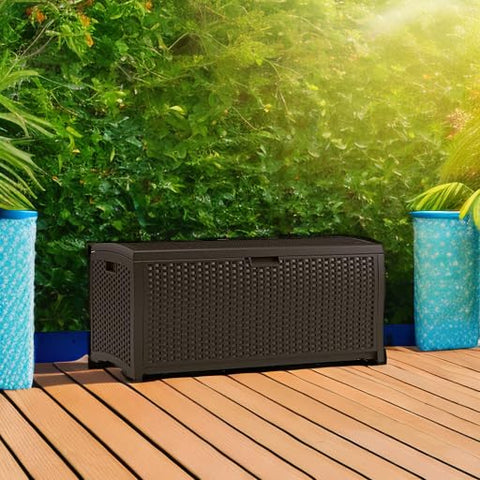 Suncast patio storage container protects cushions from sun and rain
