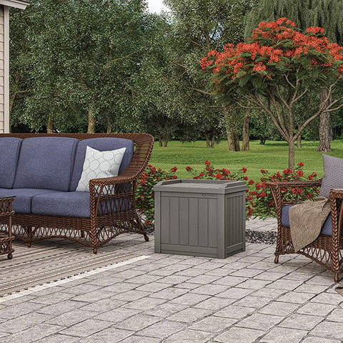 Suncast deck box organizing pool and garden gear
