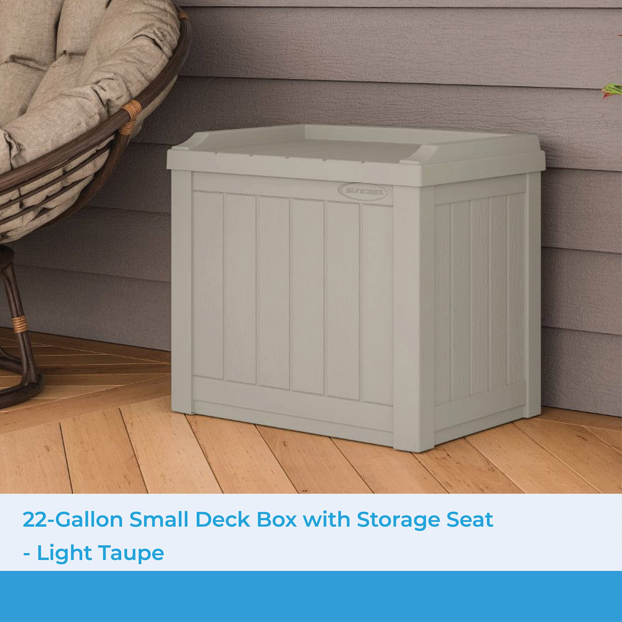 Suncast resin patio storage box weatherproof against all seasons.