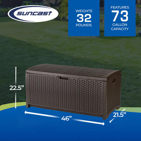 Suncast resin wicker-style storage bench blends with patio furniture