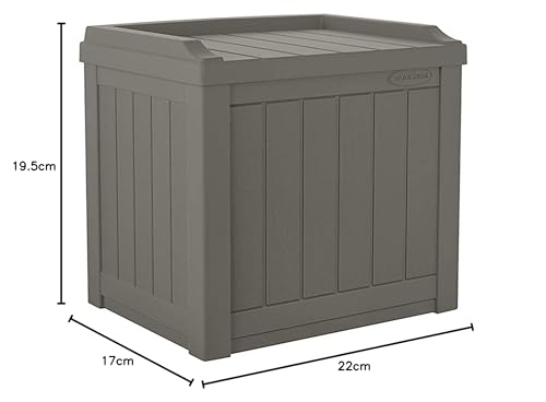 Suncast durable stone gray deck storage box in outdoor setting