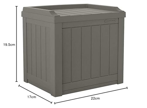 Suncast durable stone gray deck storage box in outdoor setting