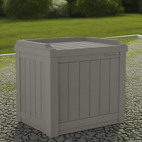 Suncast stone gray finish with wood panel texture