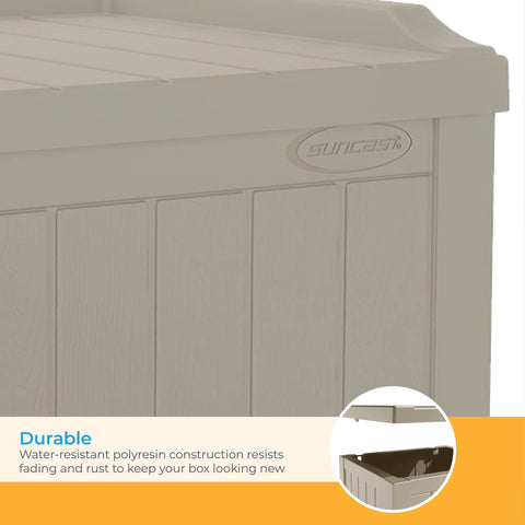 Suncast resin with UV protection keeps contents safe from sun exposure.