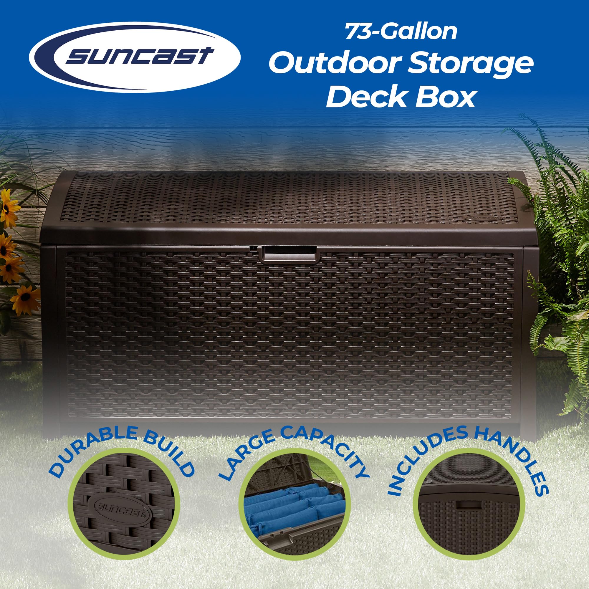 Suncast waterproof deck box doubles as a seat up to 300 pounds