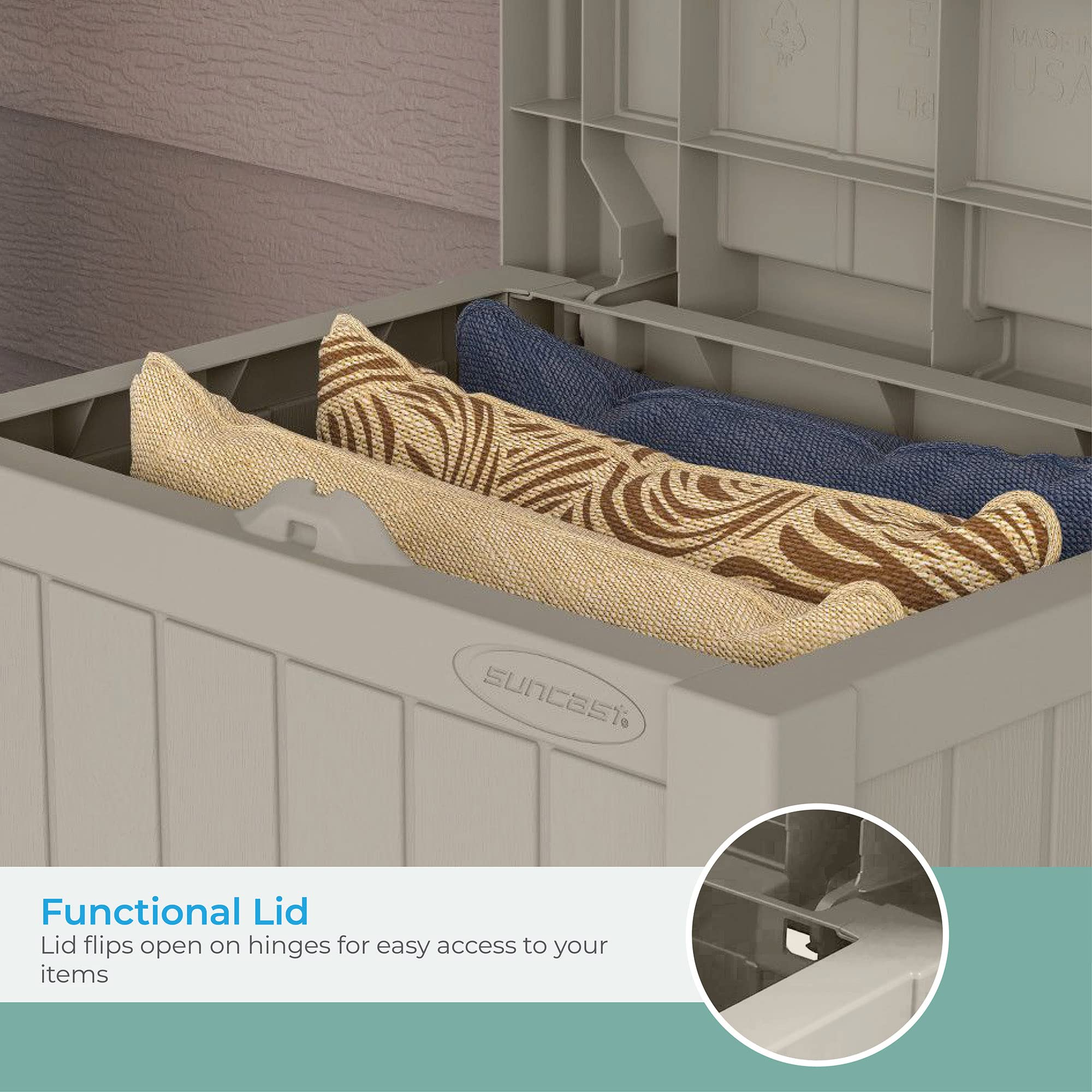 Suncast light taupe finish with wood-panel texture for outdoor decor harmony.
