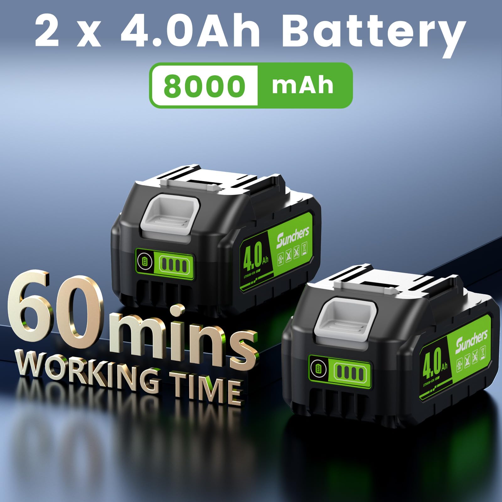 SUNCHERS two 4.0Ah batteries ready for long runtime during yard work