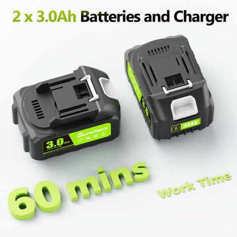 SUNCHERS two 3.0Ah batteries and charger for extended runtime.