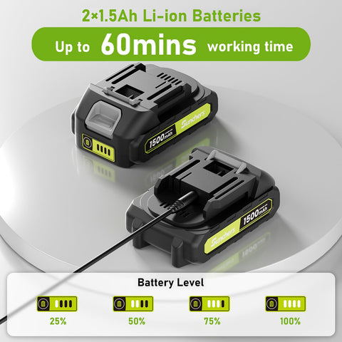 SUNCHERS hedge trimmer shows two 1.5Ah batteries for extended runtime.