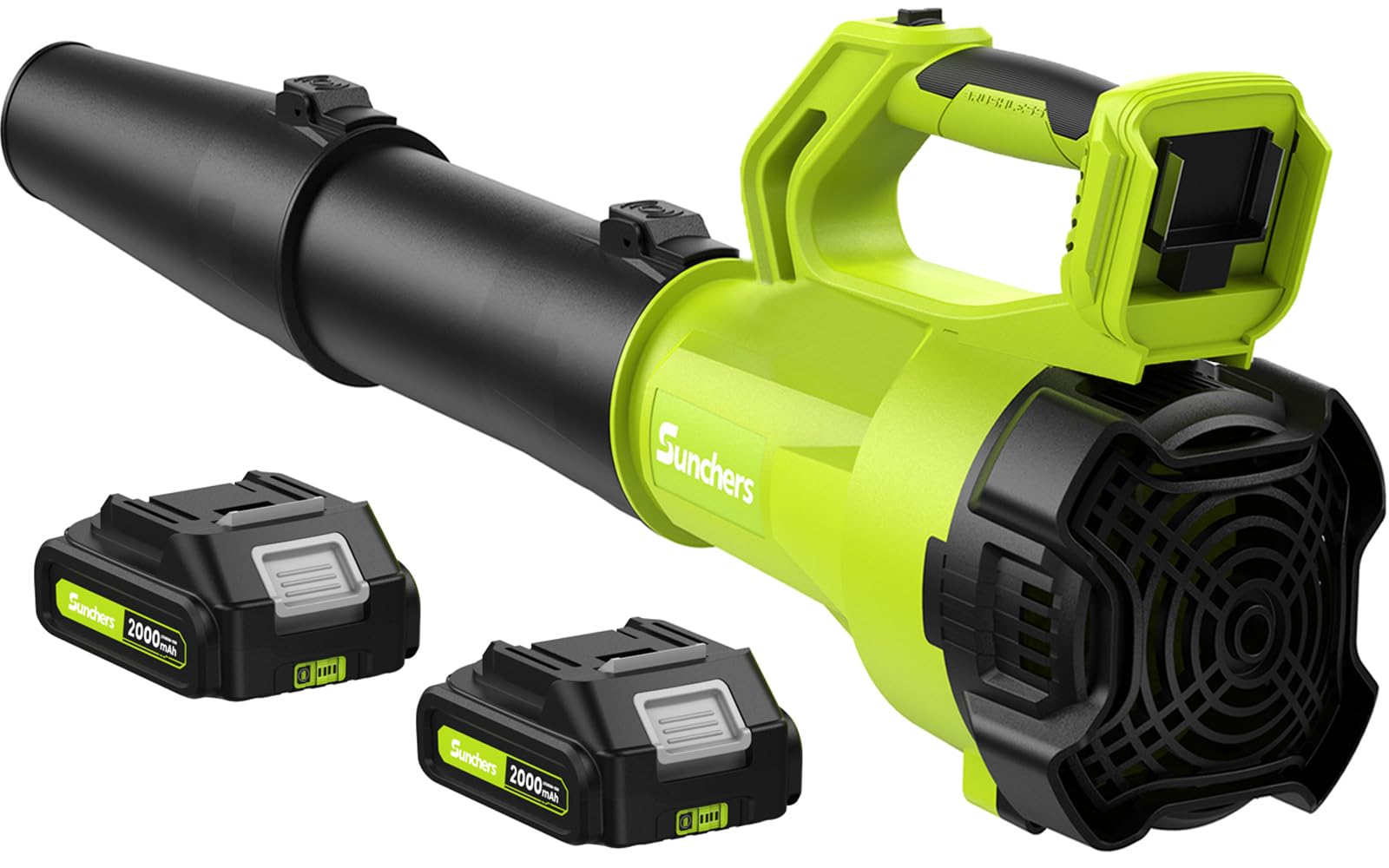 SUNCHERS leaf blower shows dual tubes for versatile debris clearing in gardens and driveways