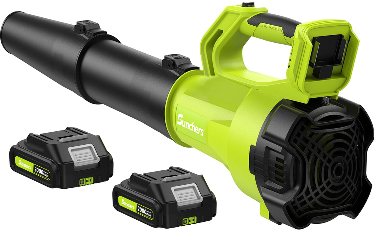 SUNCHERS leaf blower shows dual tubes for versatile debris clearing in gardens and driveways