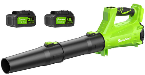 SUNCHERS leaf blower front view shows compact cordless design for easy handling.
