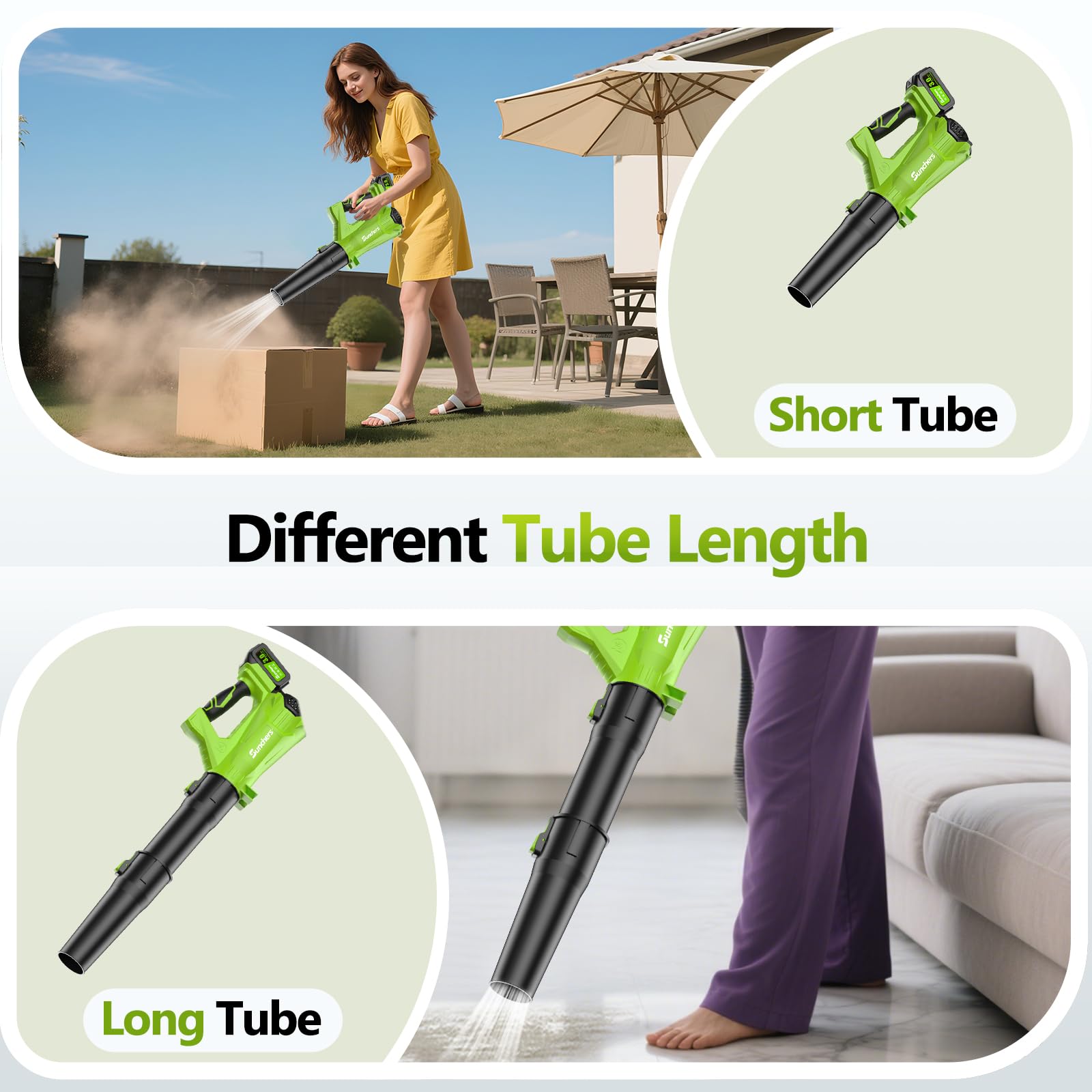SUNCHERS leaf blower held in hand emphasizes lightweight maneuverability.