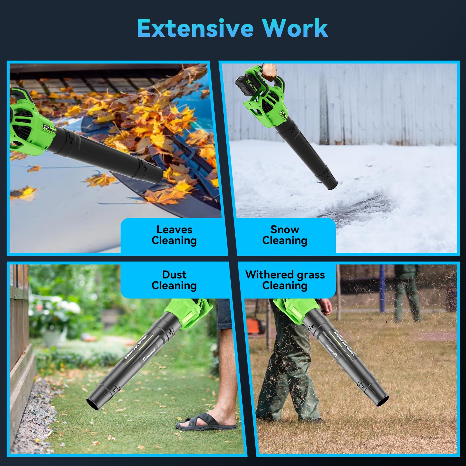 SUNCHERS leaf blower in yard clears leaves and dust efficiently.