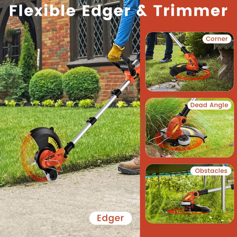 SUNCHERS trimmer head tilted 90 degrees for precise edging