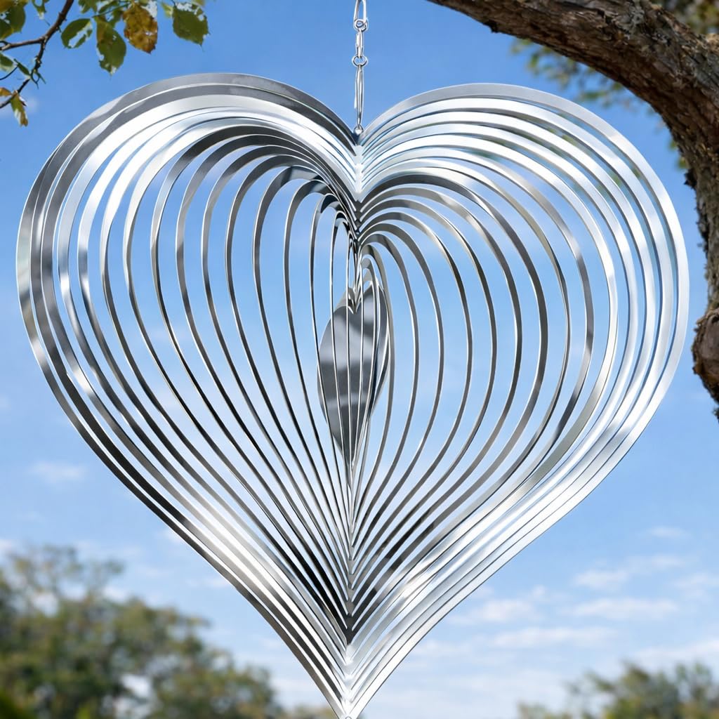 SUNCKET Wind Spinner Heart 12-inch front view with reflective surface for garden charm.