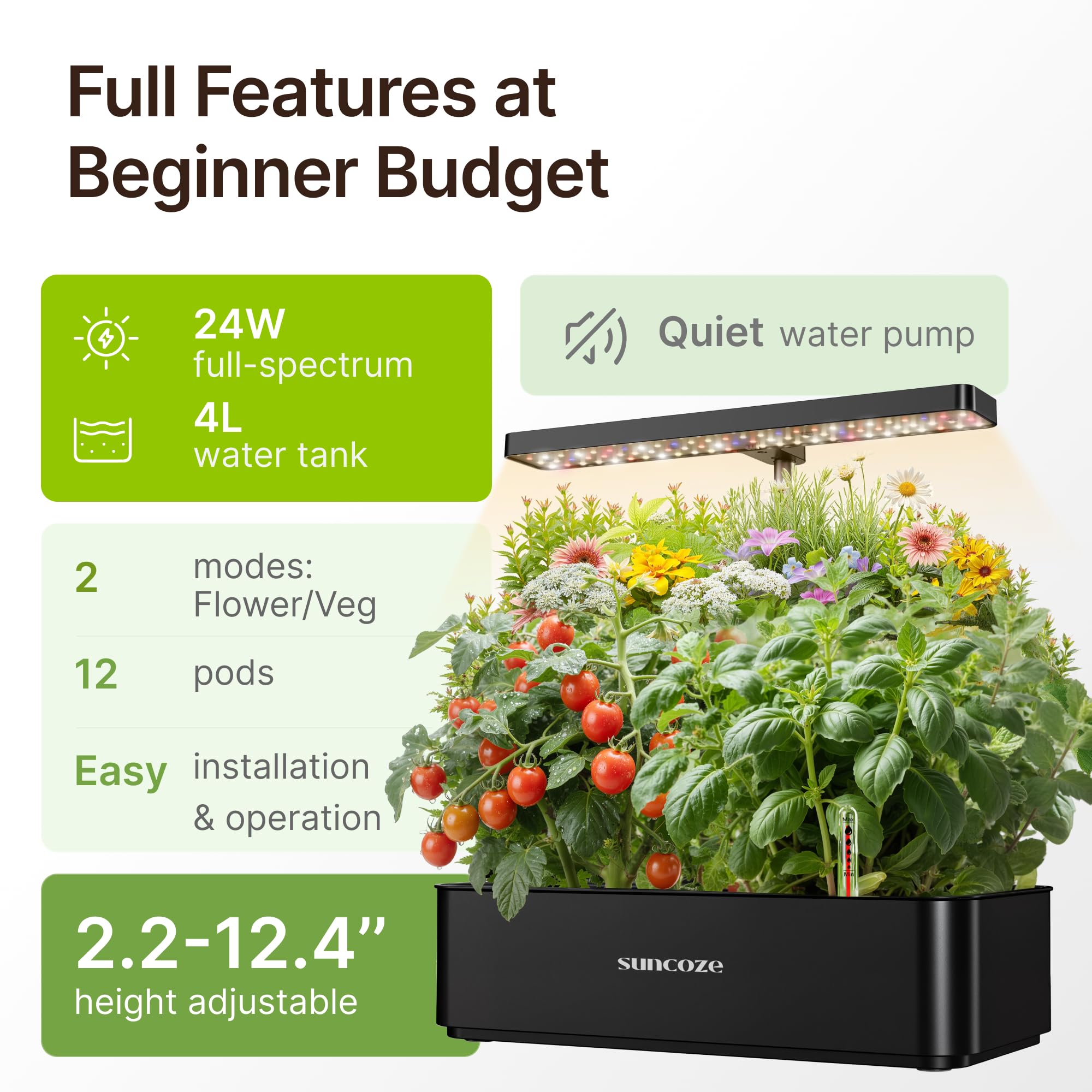 SUNCOZE 24W LED grow light panel illuminating leafy greens indoors.