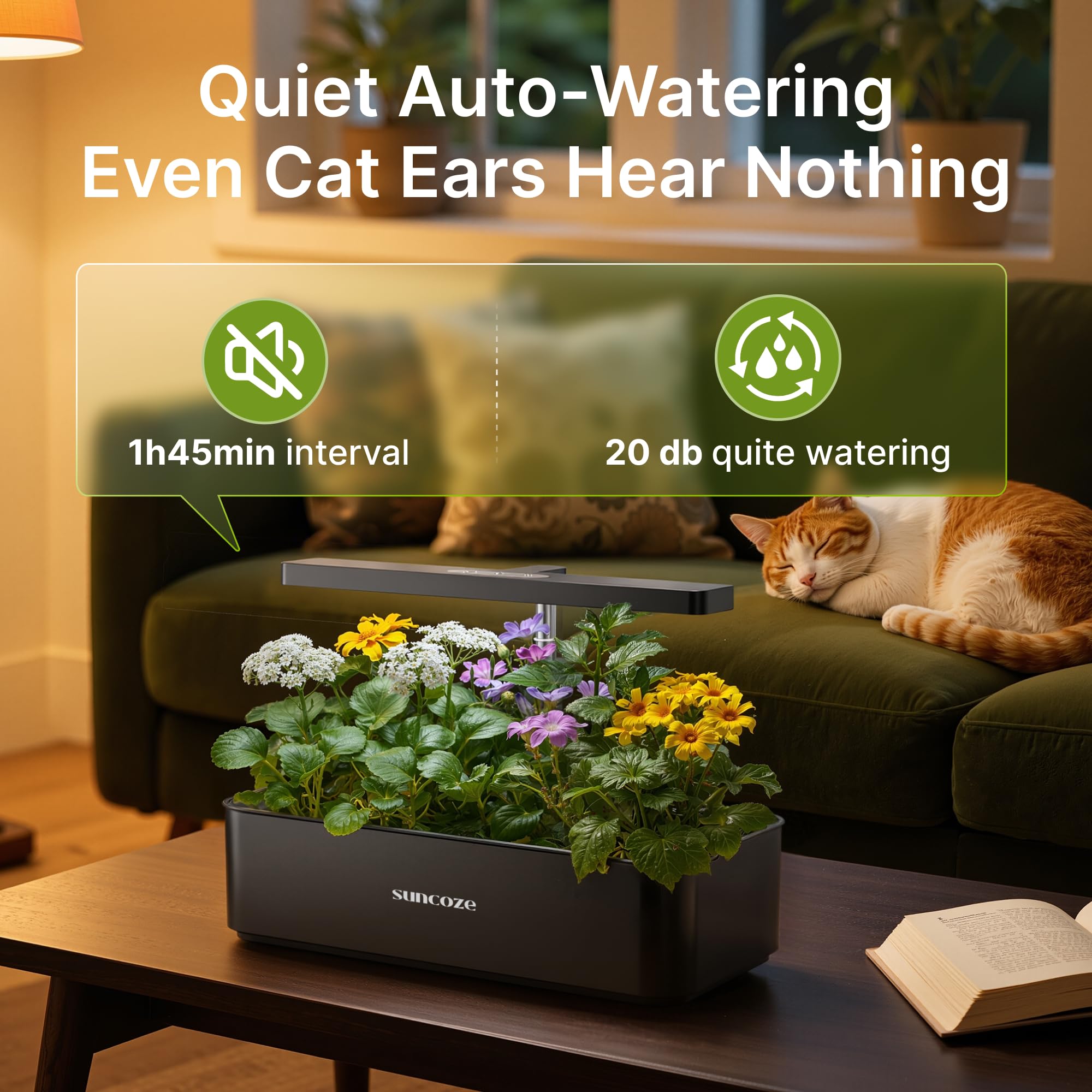 SUNCOZE control panel with three buttons simplifies choosing vegetable or flower modes.