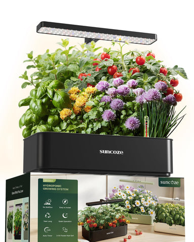 SUNCOZE hydroponics 12-pod system on a kitchen counter, ideal for fresh herbs at home.