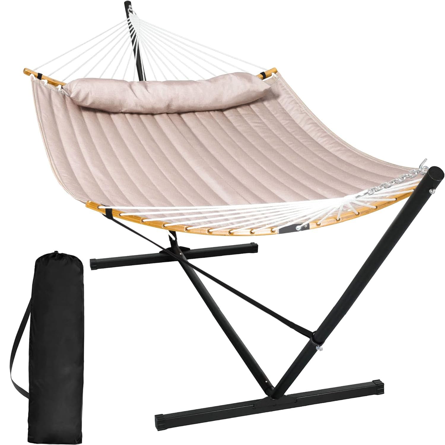 SUNCREAT 55-inch double hammock with tan finish, ideal for backyard lounging.