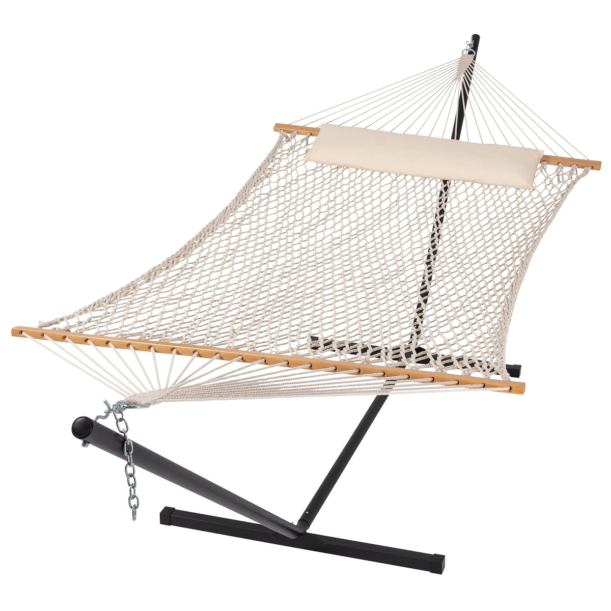 SUNCREAT double hammock bed weave demonstrates sturdy hand-woven comfort for two.