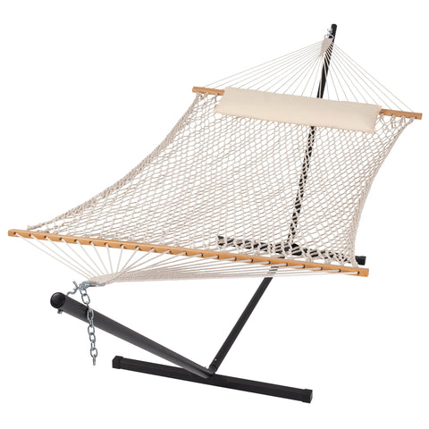 SUNCREAT double hammock bed weave demonstrates sturdy hand-woven comfort for two.