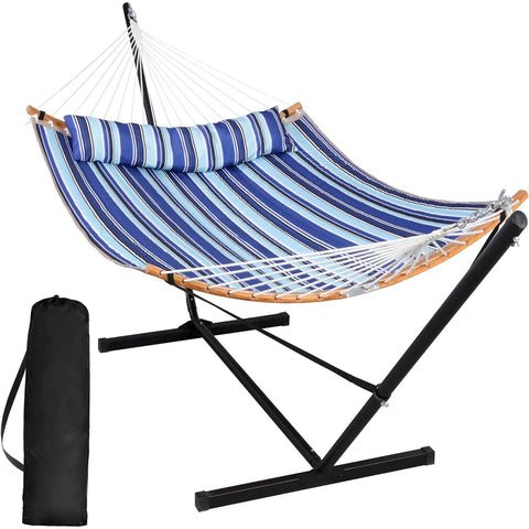 SUNCREAT double hammock with stand in blue stripes for outdoor lounging.
