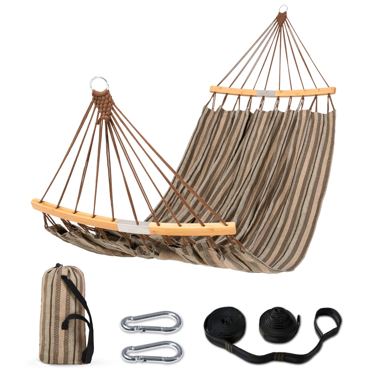 SUNCREAT double hammock with curved spreader bar for stable two-person lounging outdoors.