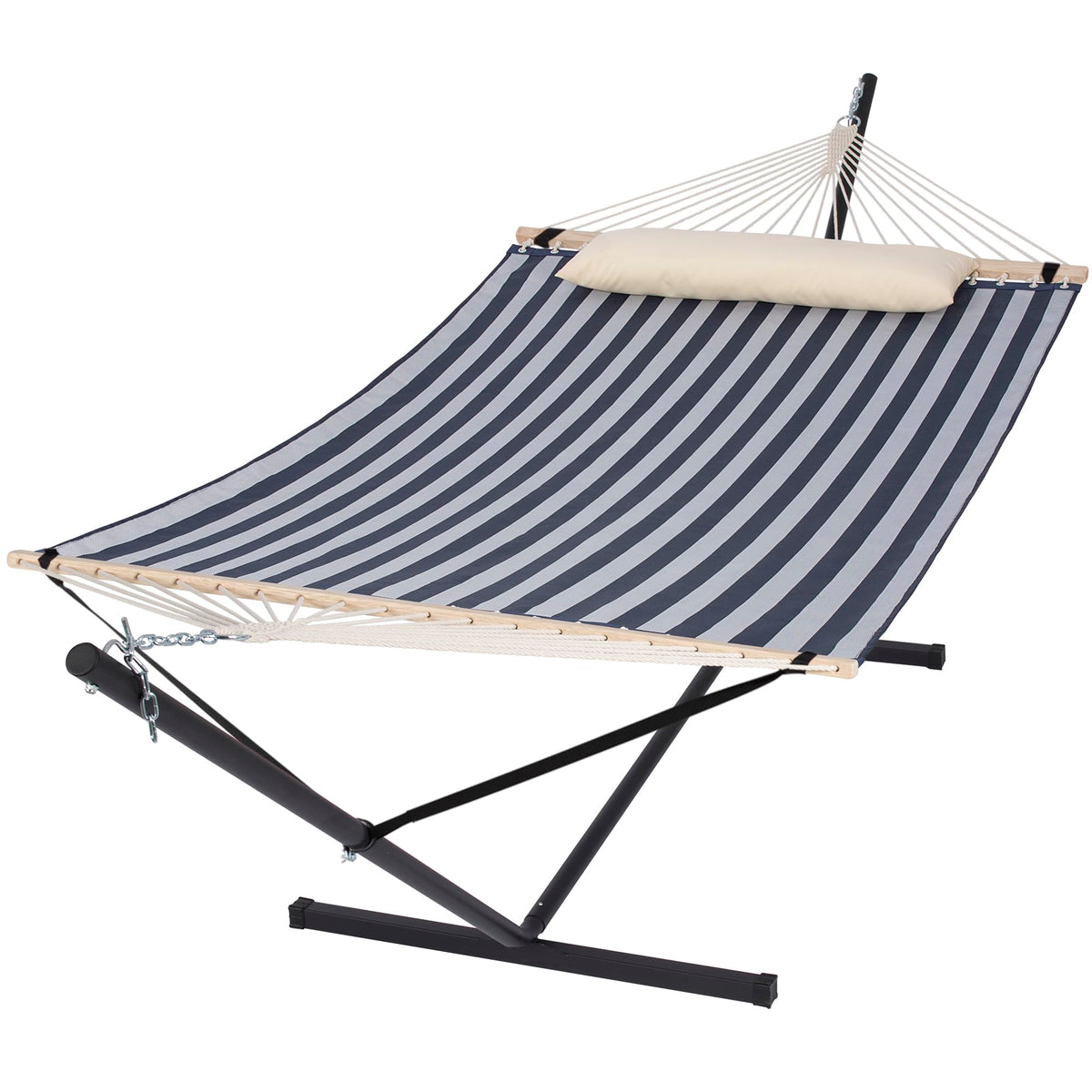 SUNCREAT double hammock stand blue assembly shows easy setup and portable outdoor relaxation.
