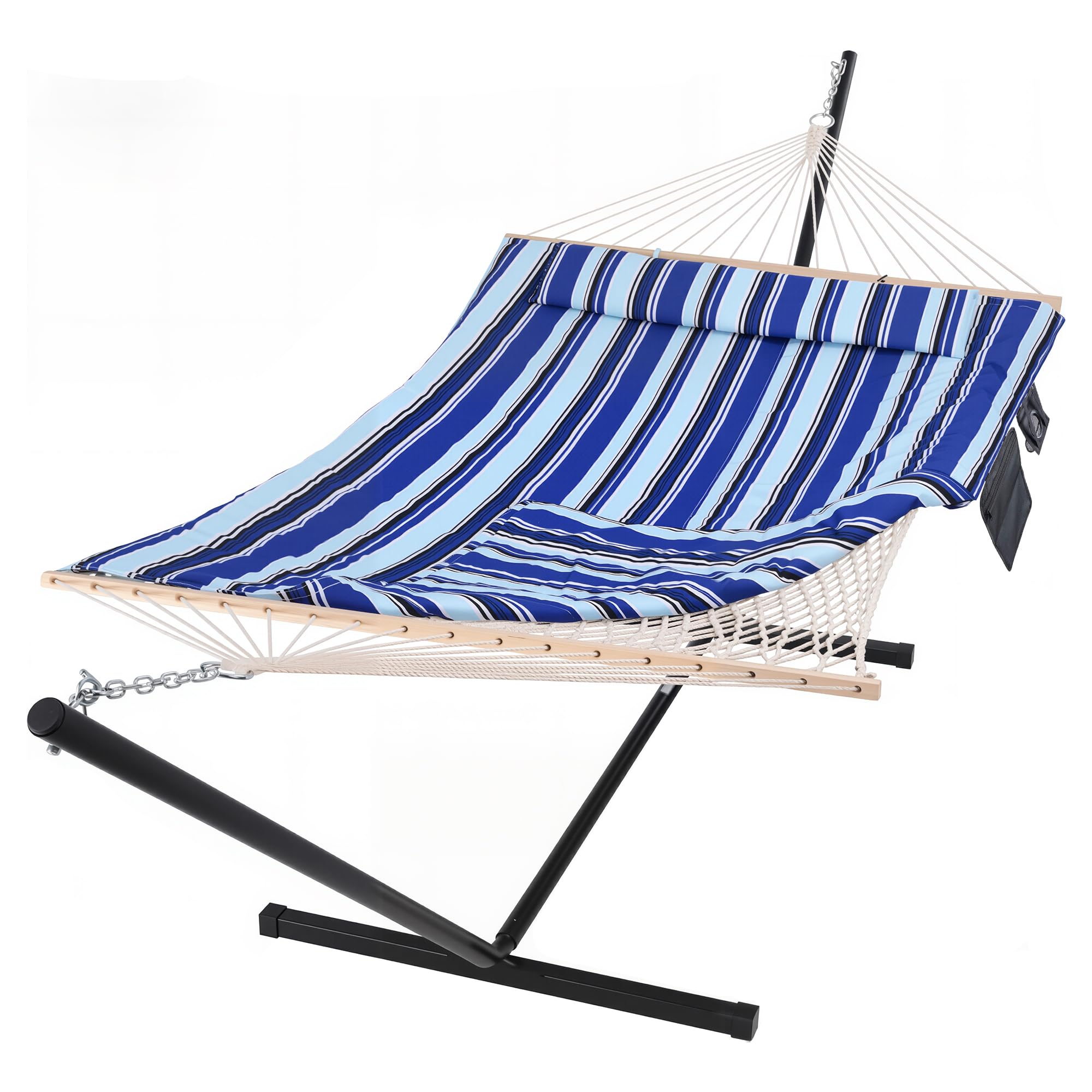 SUNCREAT double hammock with blue stripe stand, ideal for relaxing with a partner outdoors.