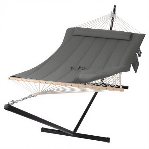 SUNCREAT double hammock with stand, side view, sturdy setup for outdoor lounging.