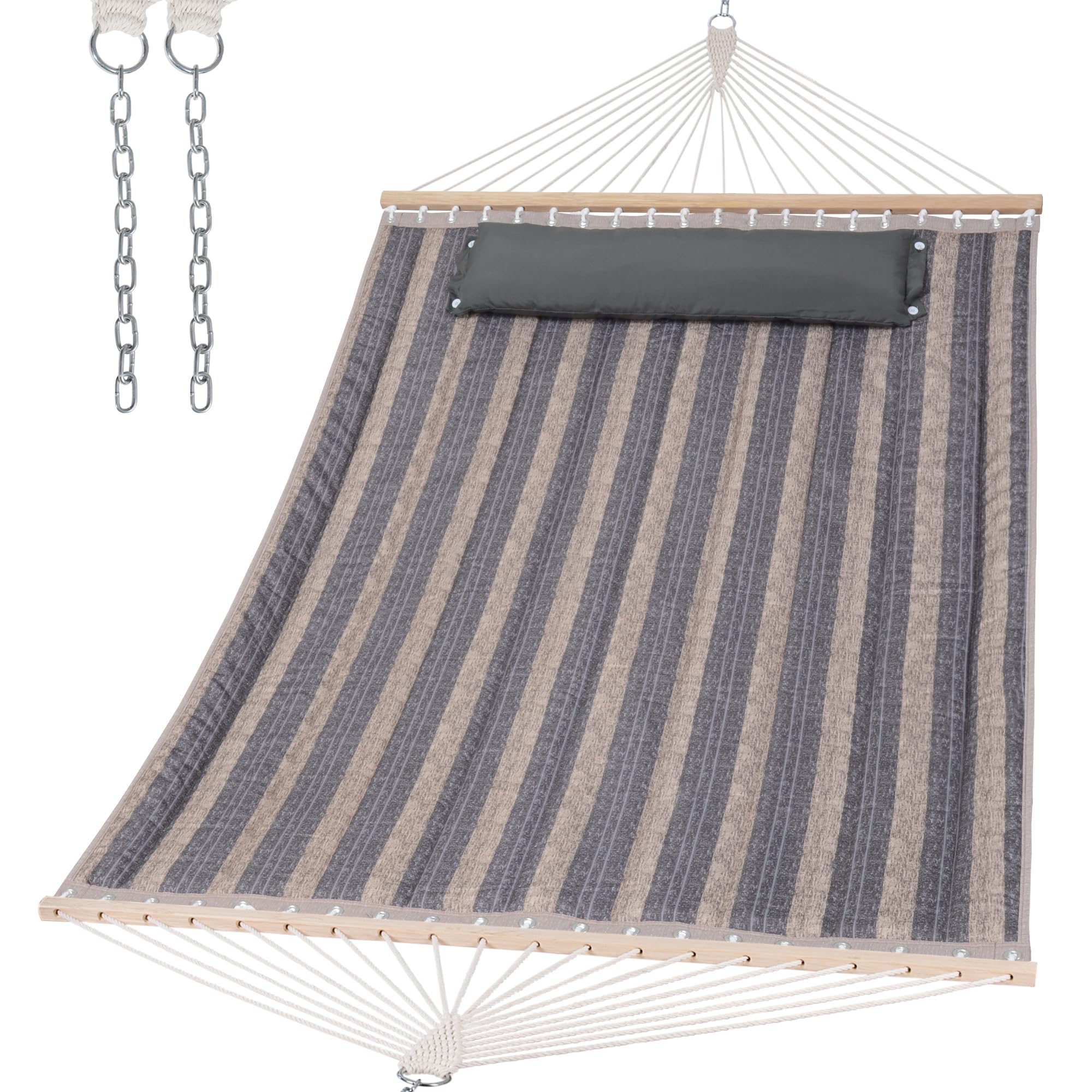 SUNCREAT double-quilted hammock with wood spreader bar for stable outdoor lounging.