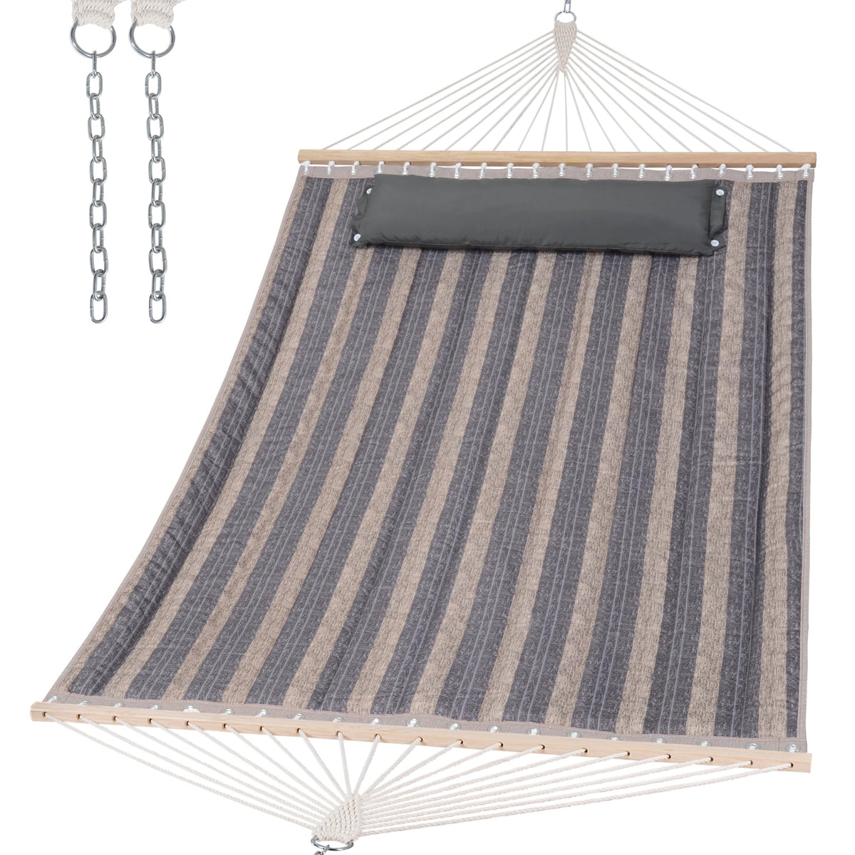 SUNCREAT double-quilted hammock with wood spreader bar for stable outdoor lounging.