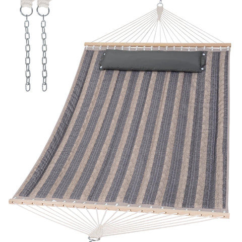 SUNCREAT double-quilted hammock with wood spreader bar for stable outdoor lounging.