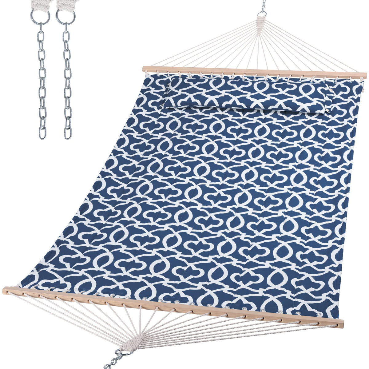 SUNCREAT double tree hammock with hardwood spreader bar for stable outdoor lounging.