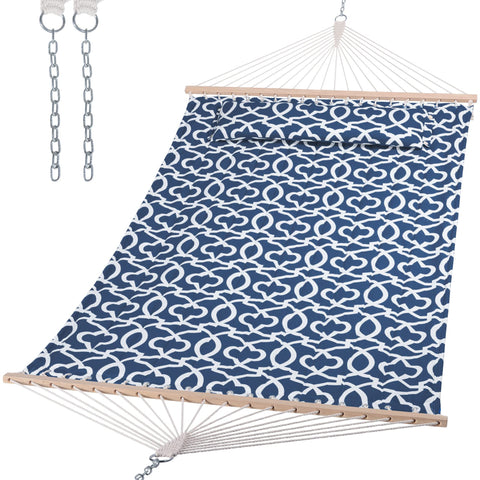 SUNCREAT double tree hammock with hardwood spreader bar for stable outdoor lounging.