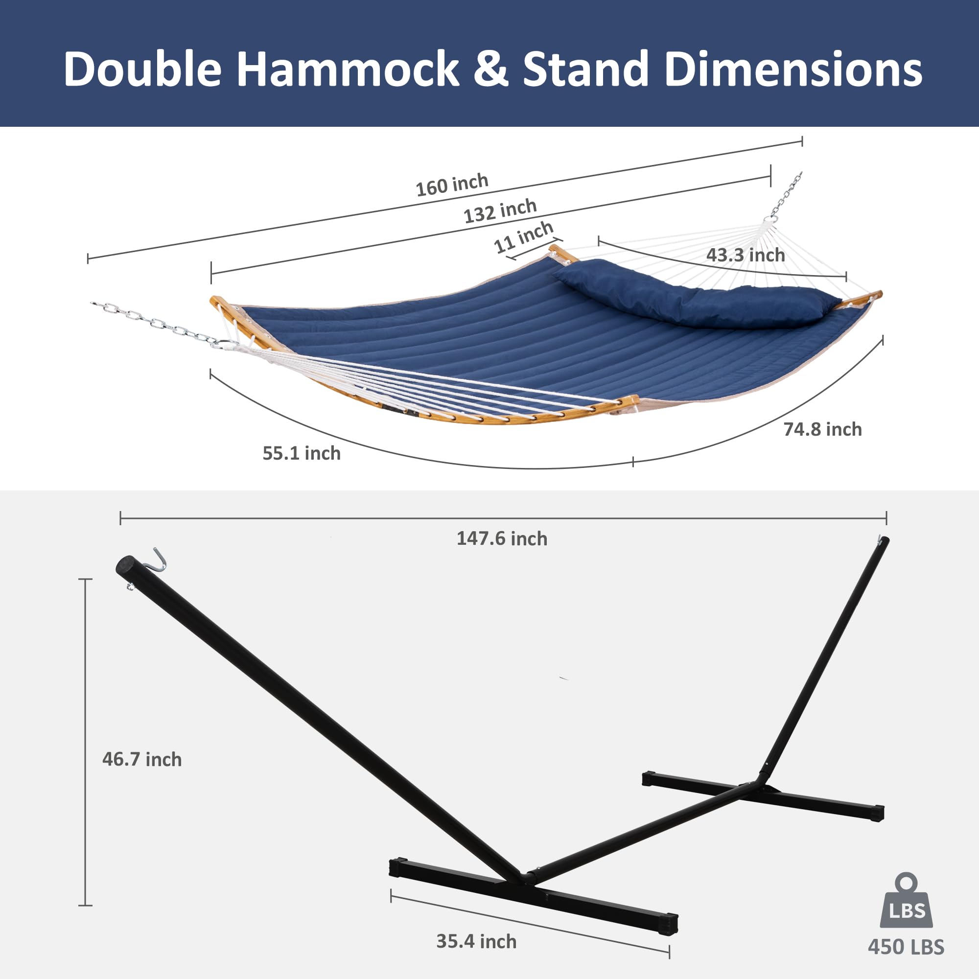 SUNCREAT hammock bed measures 74.8 by 55.1 inches for spacious lounging.